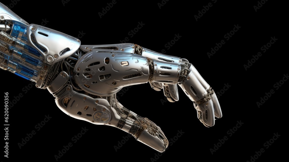 Cyborg hand pointing, Robotic pointing arm on black background.