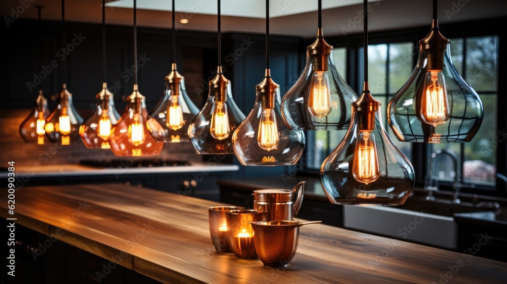 Elegant Pendant Light Fixtures, Dining room in the apartment with modern decoration and design.