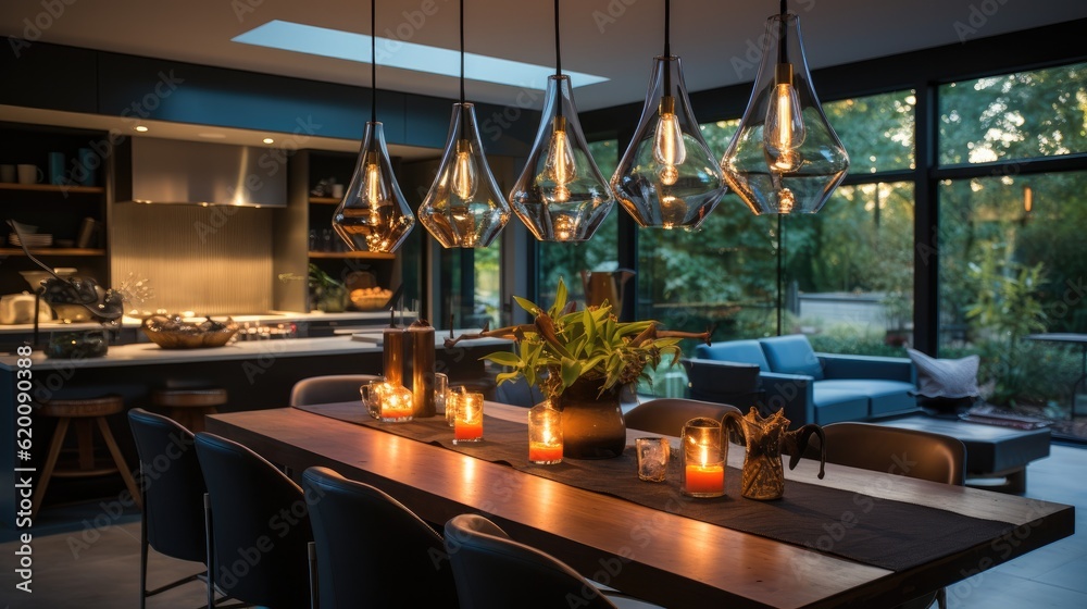 Elegant Pendant Light Fixtures, Dining room in the apartment with modern decoration and design.