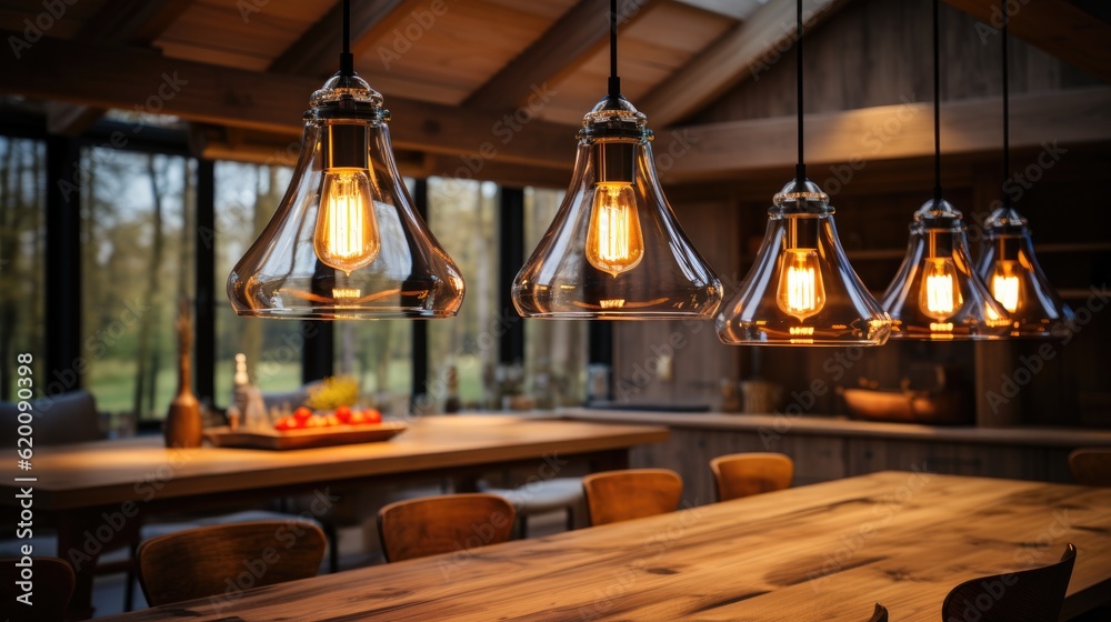 Elegant Pendant Light Fixtures, Dining room in the apartment with modern decoration and design.