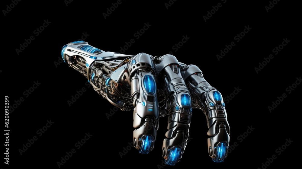 Cyborg hand pointing, Robotic pointing arm on black background.