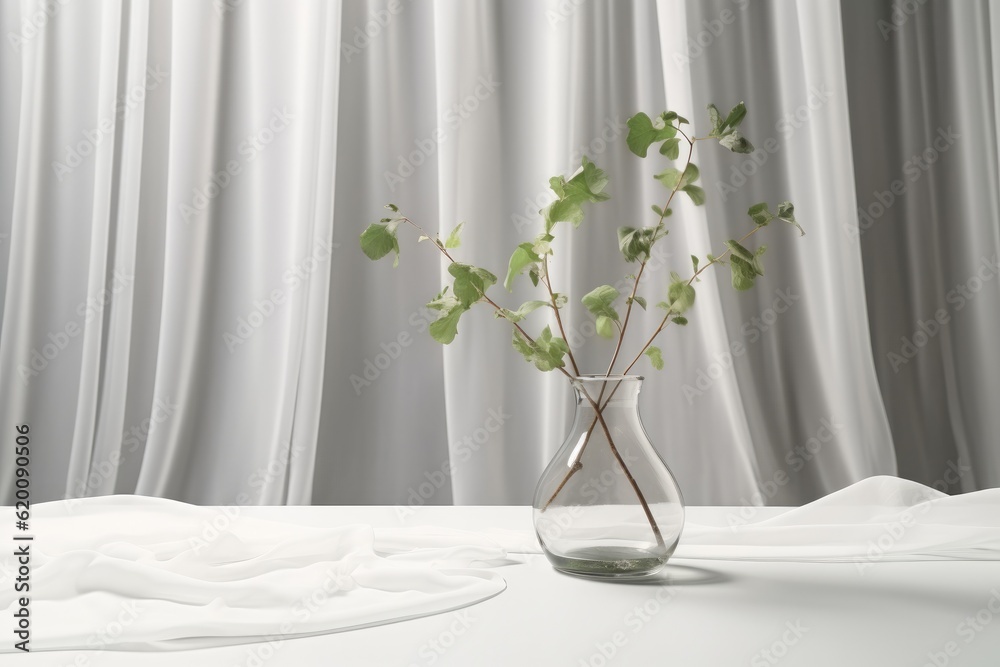 Green tree twig in glass vase on counter table, Soft blowing sheer fabric curtain in sunlight for lu