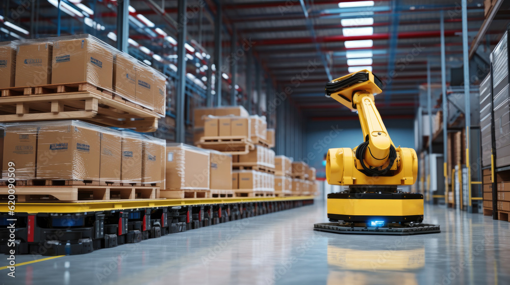 Automated retail warehouse with robots efficiently sorting parcels, Automated Robotic Arm In Smart D