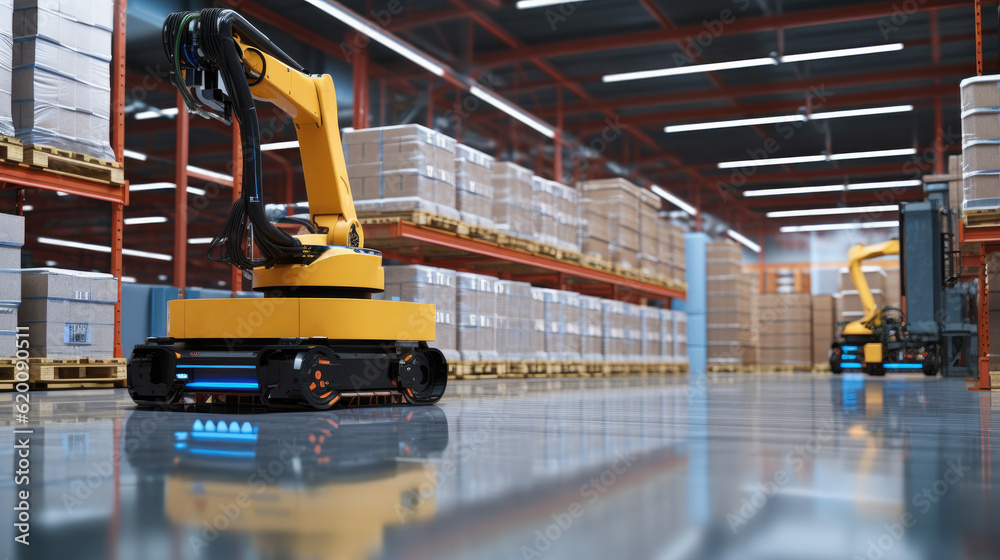 Automated retail warehouse with robots efficiently sorting parcels, Automated Robotic Arm In Smart D