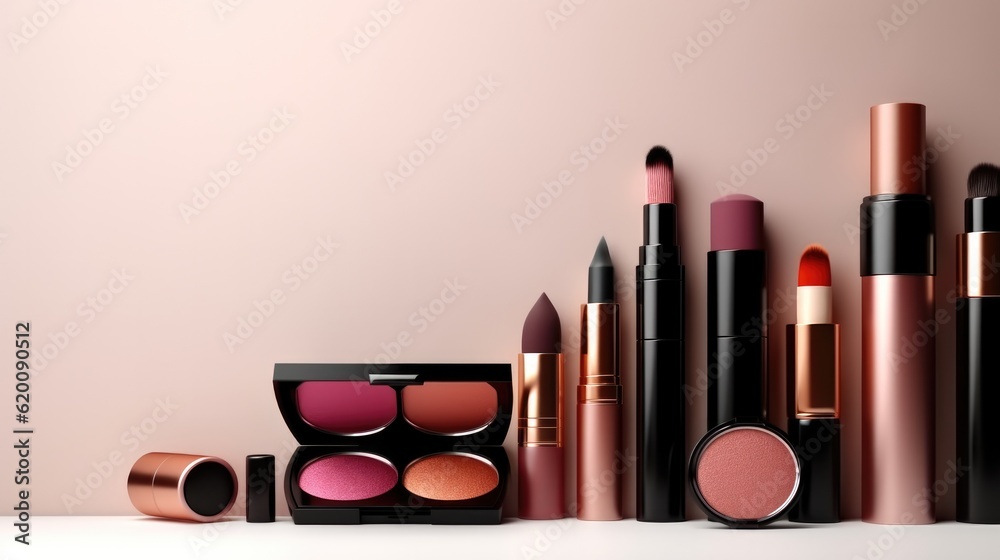 Cosmetic products on grey background, Cream, powder, eyeshadow, Fashion women make up product.