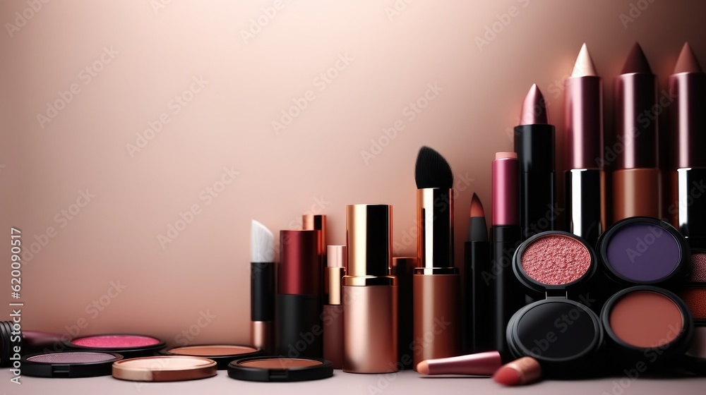 Cosmetic products on grey background, Cream, powder, eyeshadow, Fashion women make up product.