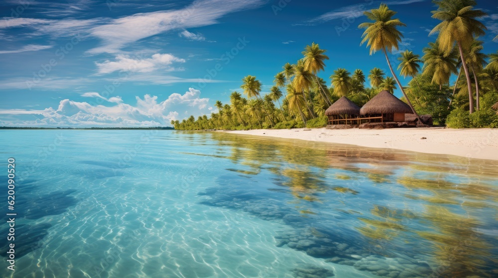 Sandy beach with palm Fantastic tropical island for travel, Sunny blue sky holiday vacation backgrou