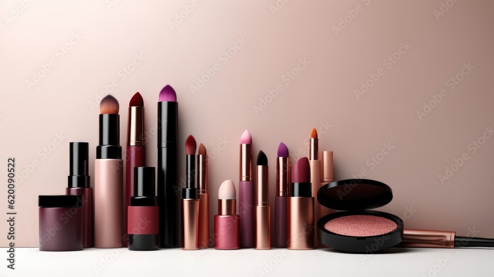 Cosmetic products on grey background, Cream, powder, eyeshadow, Fashion women make up product.