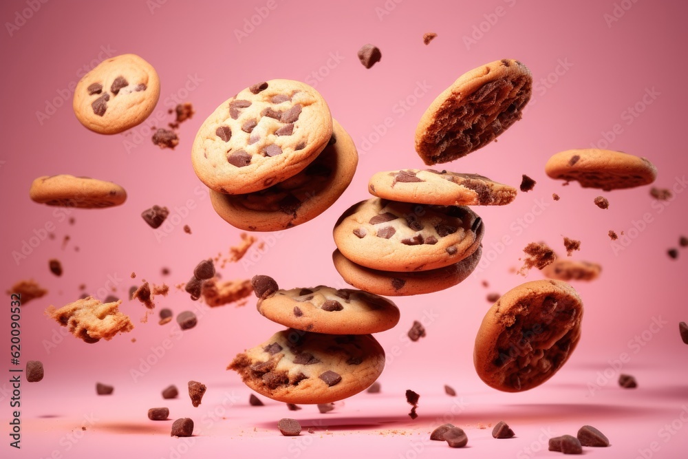 Flying chocolate chip cookies on pink background, Food levitation.