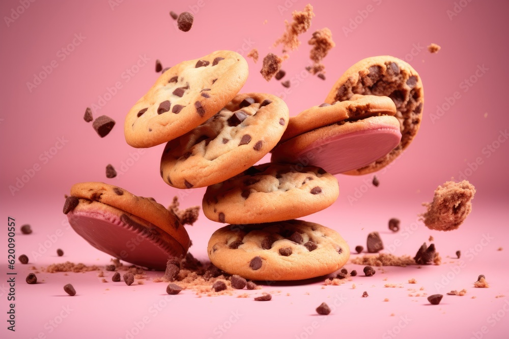 Flying chocolate chip cookies on pink background, Food levitation.