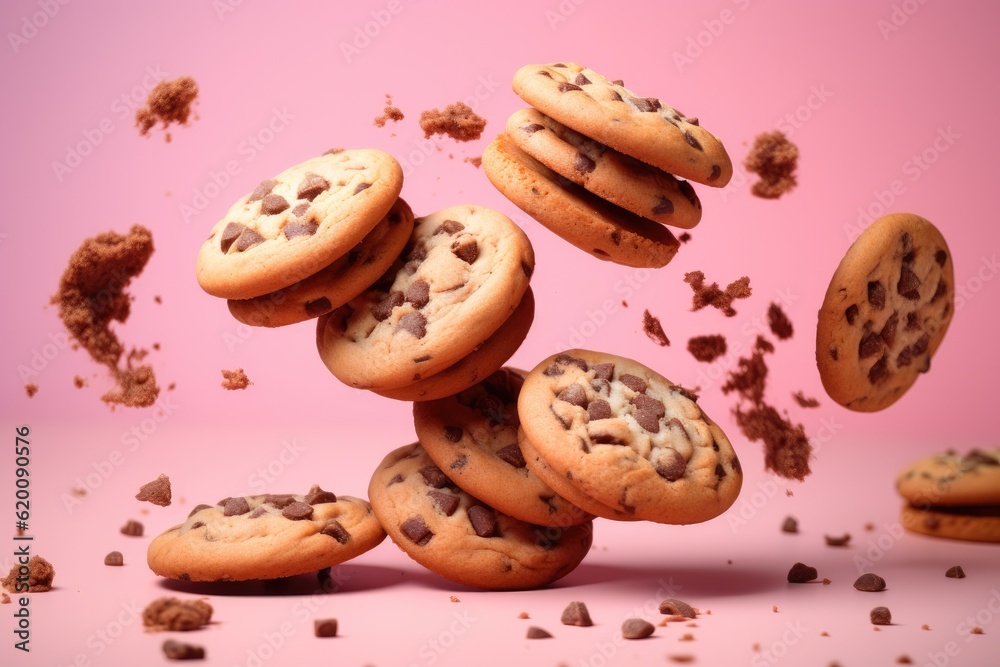 Flying chocolate chip cookies on pink background, Food levitation.