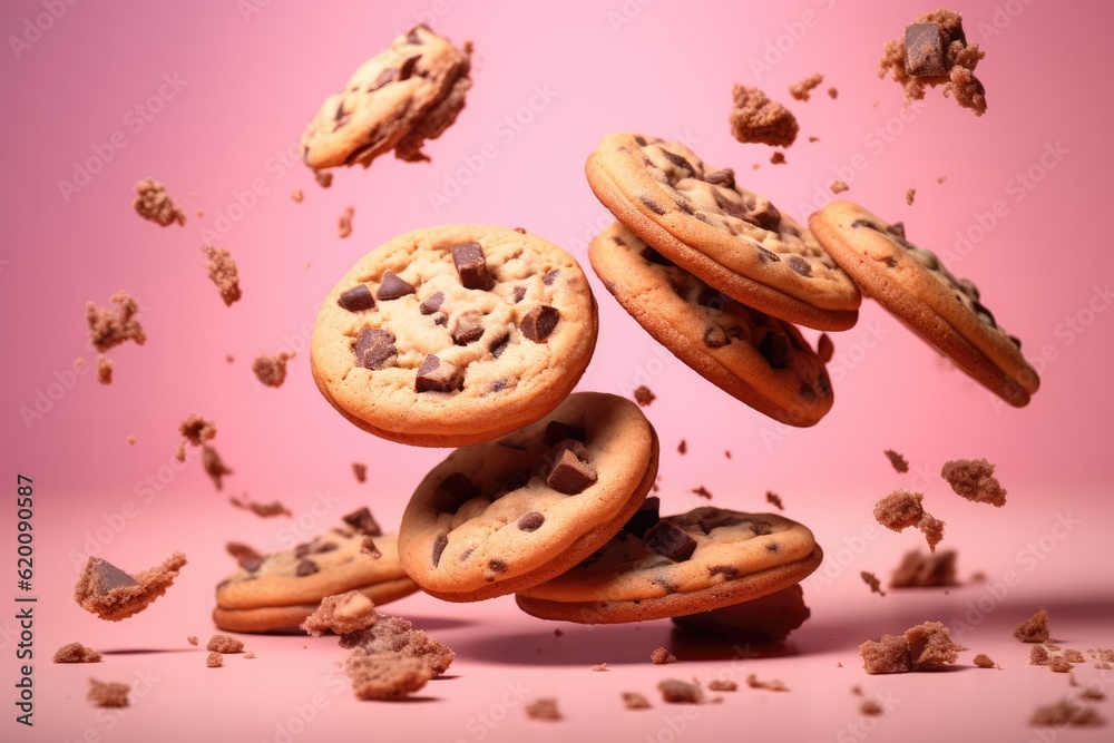 Flying chocolate chip cookies on pink background, Food levitation.