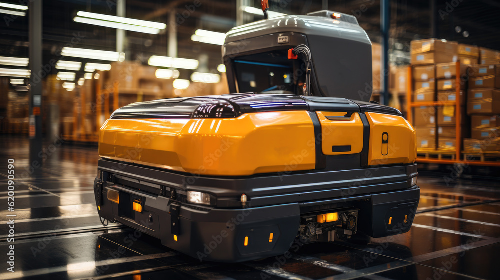 Autonomous guided robot AGV system robotic arm carry cardboard box at warehouse logistic, Smart indu