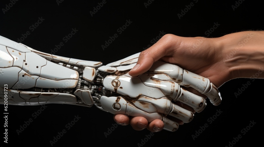 Cyborg hand pointing, Robotic pointing arm on black background.