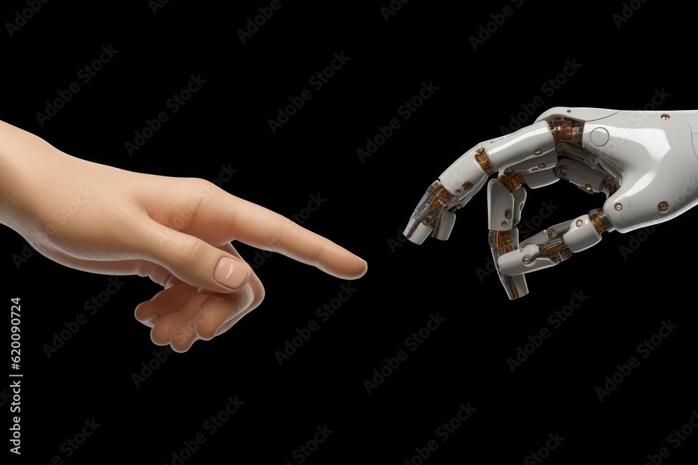 Human hand and robot hand pointing, Robot connect to human.