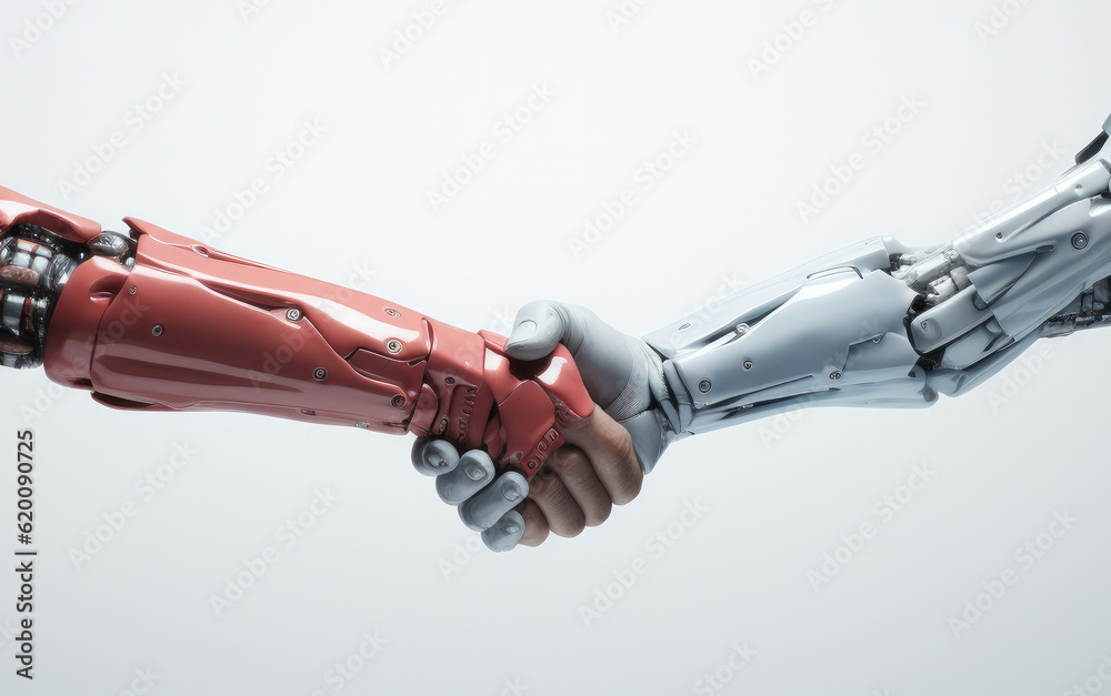 Close up hand of AI modern robot shake hand with human, Successful cooperation concept, The interact