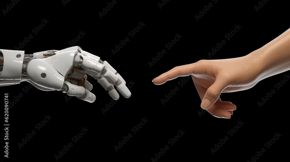 Human hand and robot hand pointing, Robot connect to human.