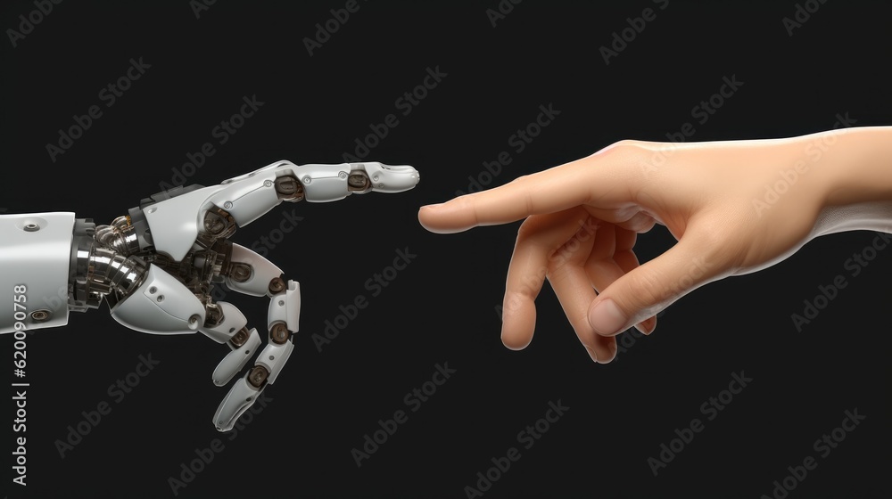 Robot connect to human, Human and robot hands reaching out and touching with index fingers.