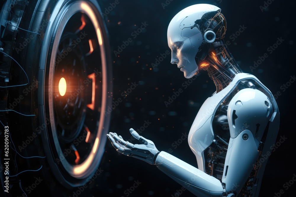 Human like robot talking to artificial intelligence, human robot relationship concept.