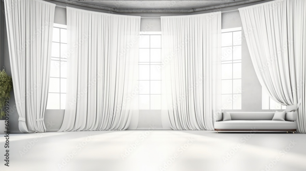 Empty room with white curtains background, White interior design for your creativity.