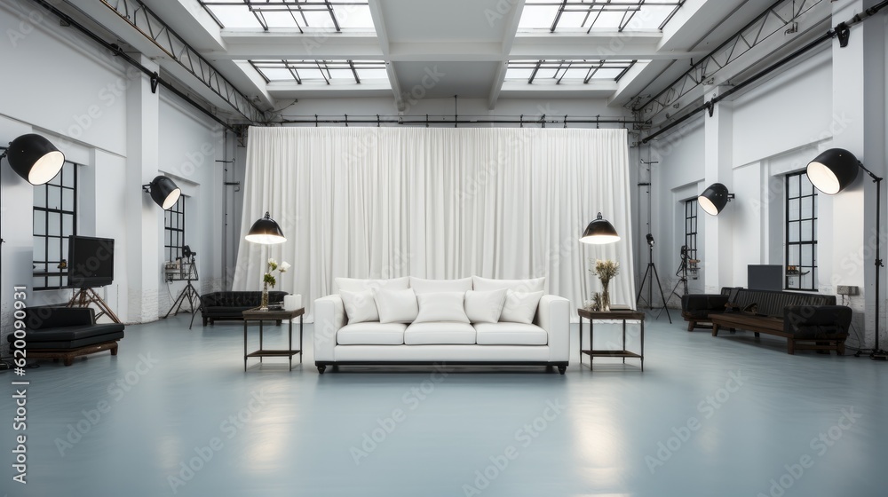 Modern Interior of Photo Studio with professional equipment and home interior.