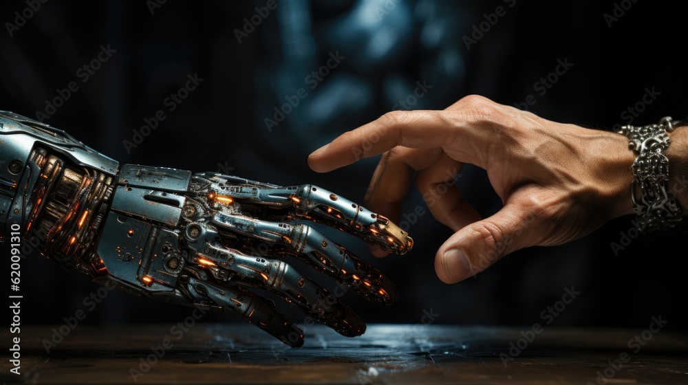 Human hand and robot hand pointing, Robot connect to human.