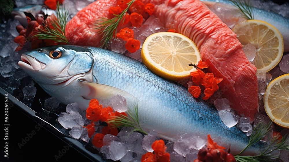 Fish served on ice, Seafood on ice at the fish market.