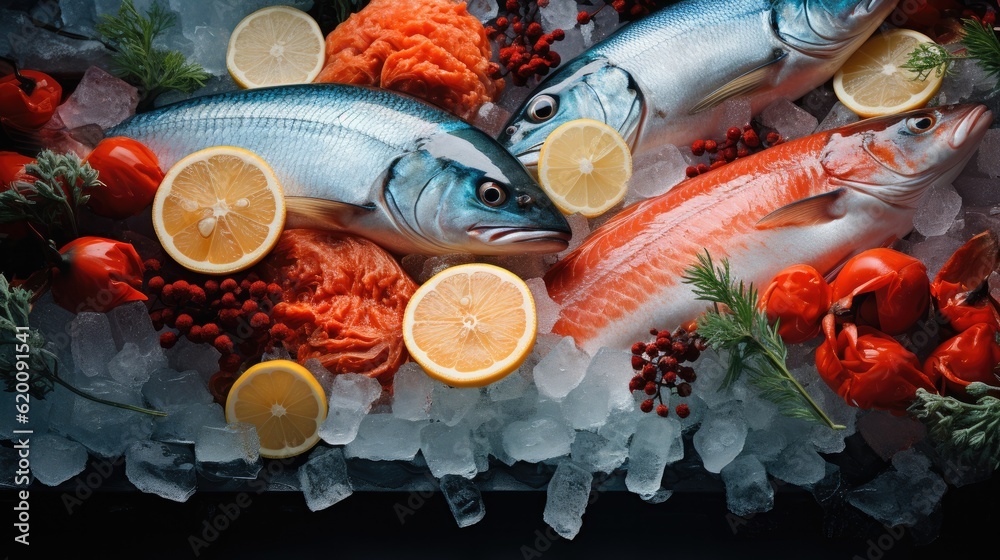 Fish served on ice, Seafood on ice at the fish market.