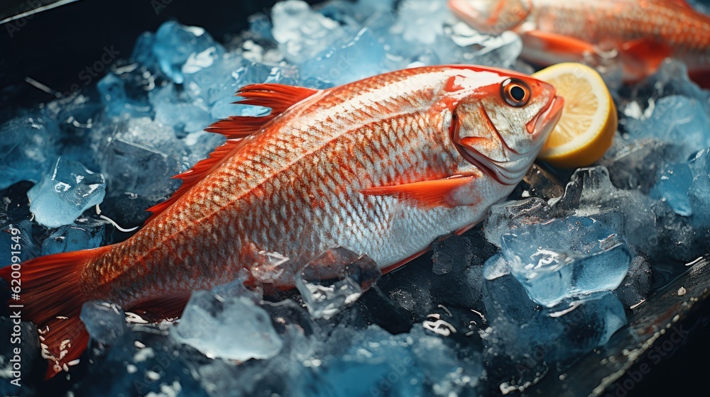 Fish served on ice, Seafood on ice at the fish market.