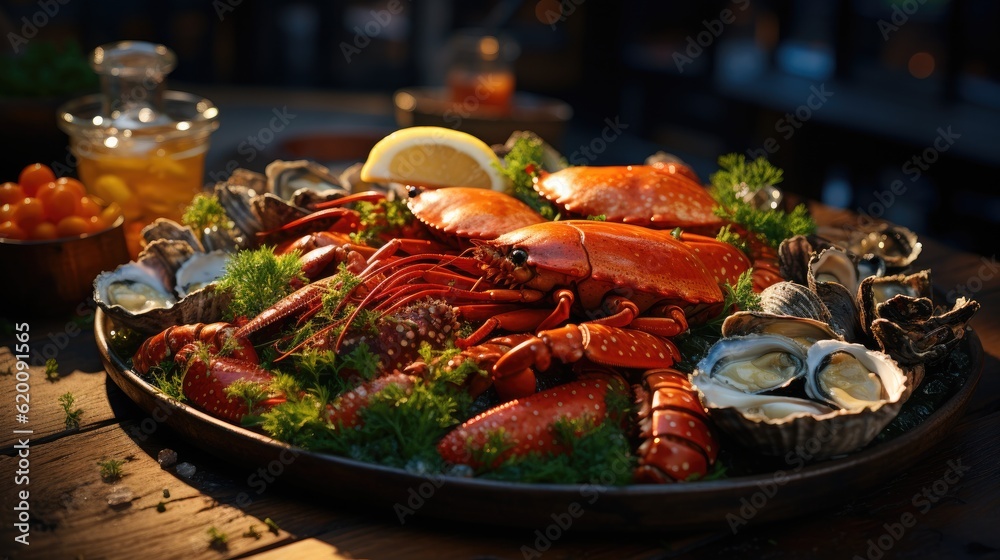 Seafood with fresh lobster, mussels, oysters as an ocean gourmet dinner background.