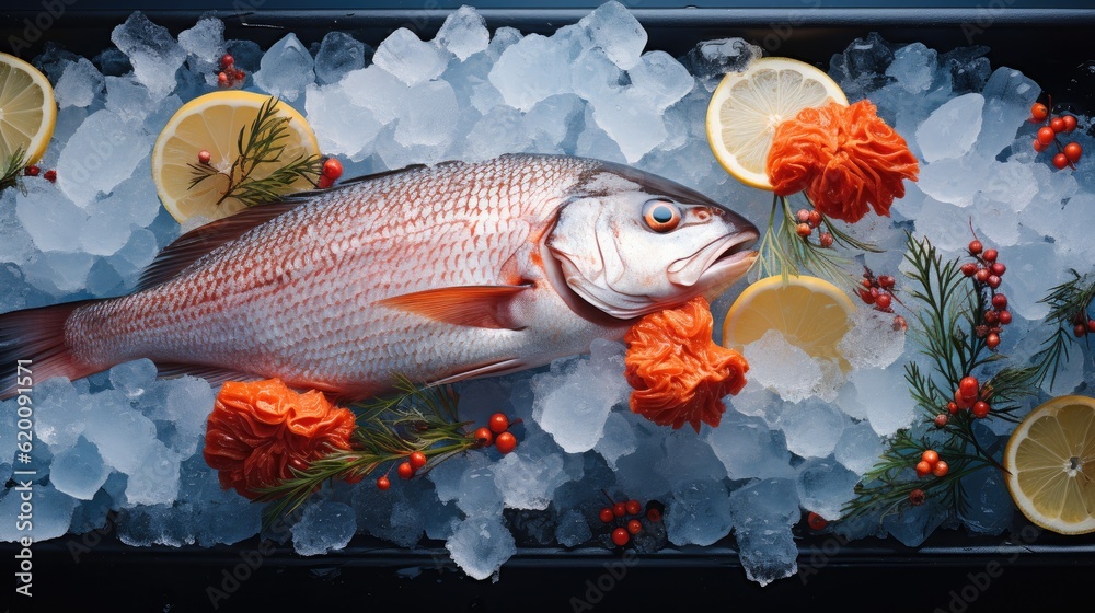 Fish served on ice, Seafood on ice at the fish market.