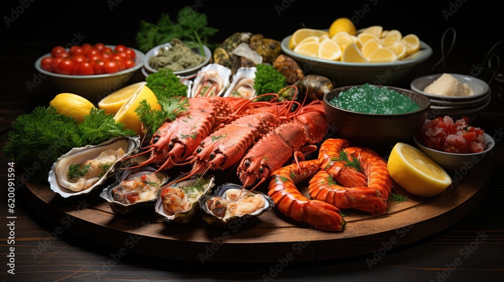 Seafood with fresh lobster, mussels, oysters as an ocean gourmet dinner background.