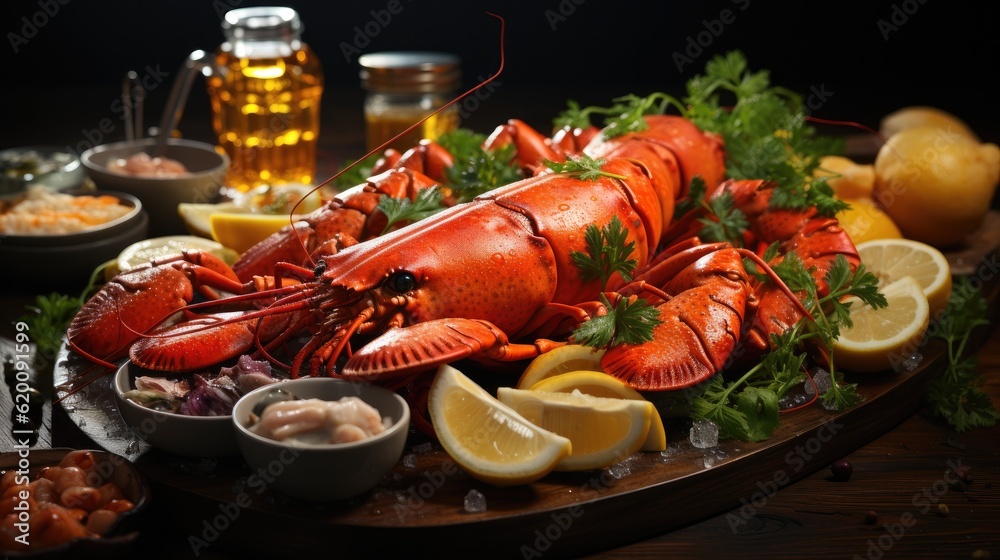 Seafood with fresh lobster, mussels, oysters as an ocean gourmet dinner background.