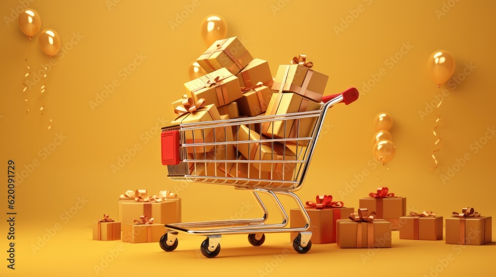 Shopping cart with gift on a yellow background, Shopping Trolley, Grocery push cart, Minimalist conc