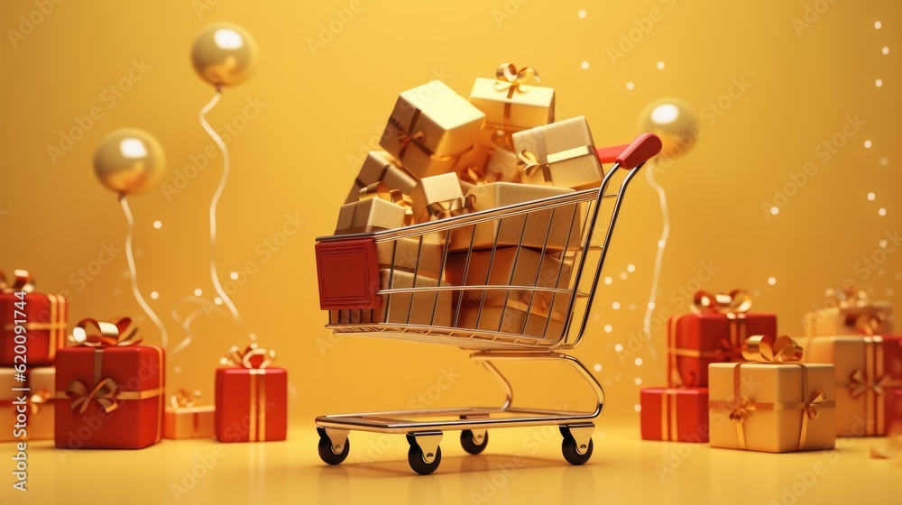 Shopping cart with gift on a yellow background, Shopping Trolley, Grocery push cart, Minimalist conc