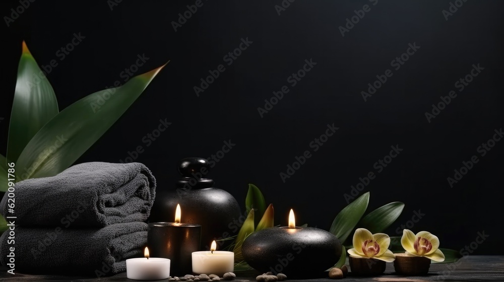 Scented candles and accessories for spa treatments on a dark background, Zen stones.