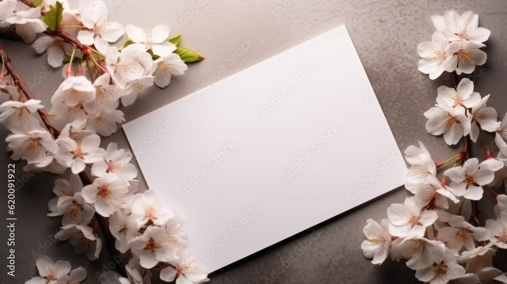 Invitation or greeting card mockup with white flowers, Card mockup with copy space on beige backgrou