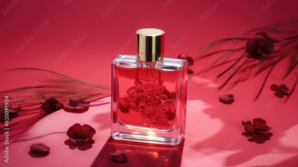 Transparent bottle of perfume with label on a red background, Girl,man perfume.