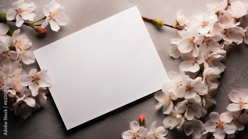 Invitation or greeting card mockup with white flowers, Card mockup with copy space on beige backgrou