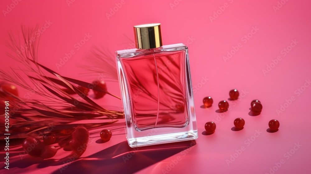 Transparent bottle of perfume with label on a red background, Girl,man perfume.