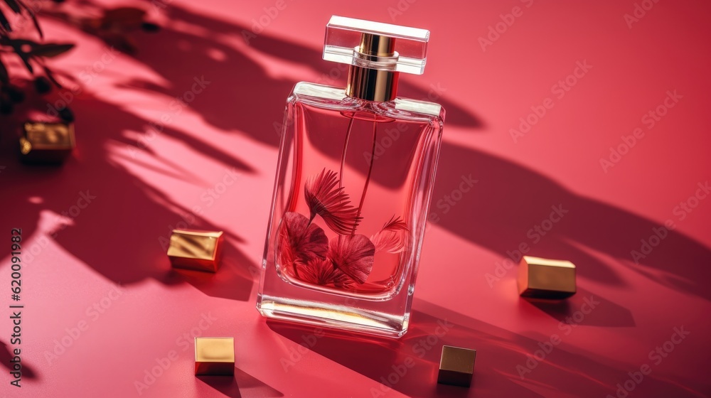 Transparent bottle of perfume with label on a red background, Girl,man perfume.