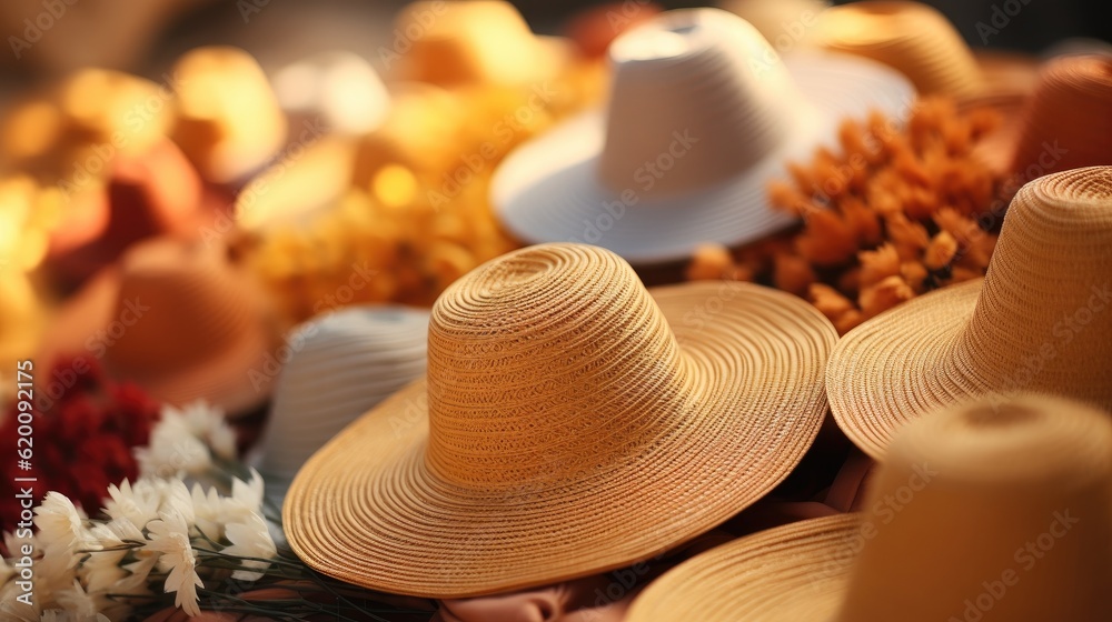 Group of straw floppy hats on floppy blurred hat backgrounds.