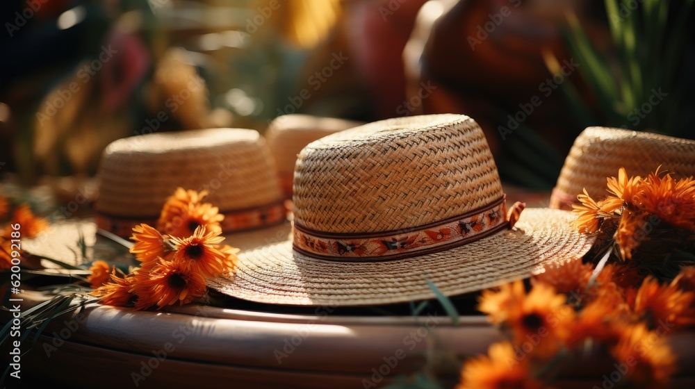 Group of straw floppy hats on floppy blurred hat backgrounds.