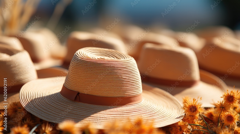 Group of straw floppy hats on floppy blurred hat backgrounds.