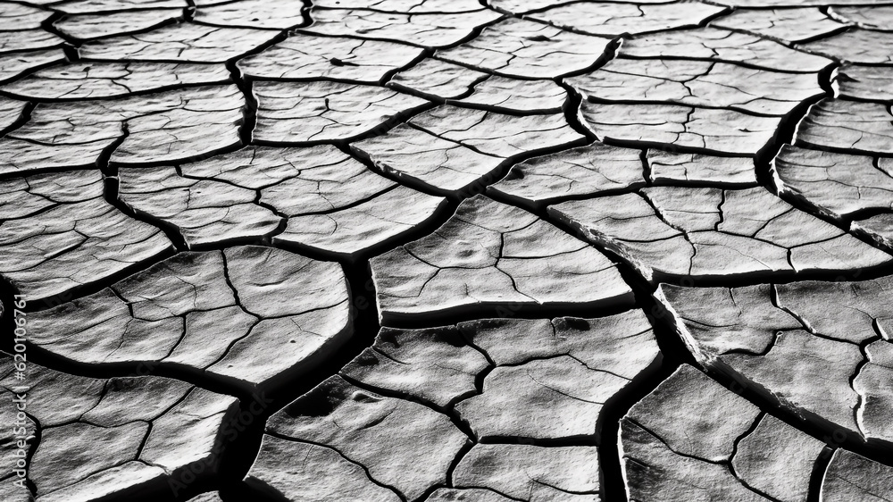 Dry cracked earth background. Global warming concept. Black and white.