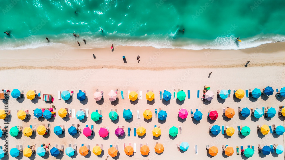 Aerial view of beautiful tropical beach with sunbeds and umbrellas.