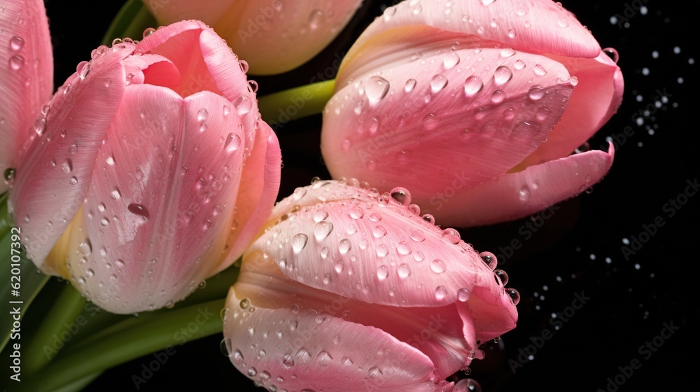 Pink Tulips flowers with water drops background. Closeup of blossom with glistening droplets. Genera