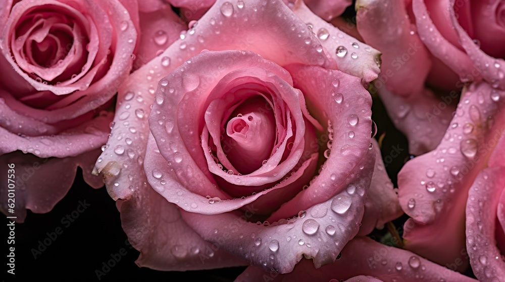 Pink Roses flowers with water drops background. Closeup of blossom with glistening droplets. Generat