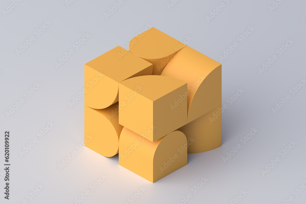 Abstract 3d render, yellow cube shape, geometric design