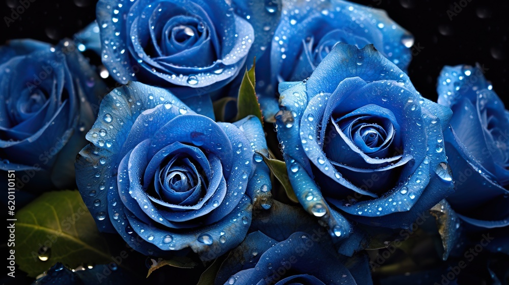 Blue Roses flowers with water drops background. Closeup of blossom with glistening droplets. Generat